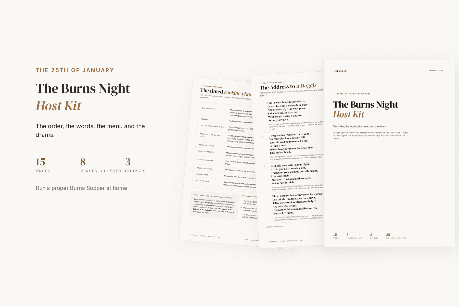 The Burns Night Host Kit — A4 pages fanned out showing the running order, the Address to a Haggis and the timed cooking plan