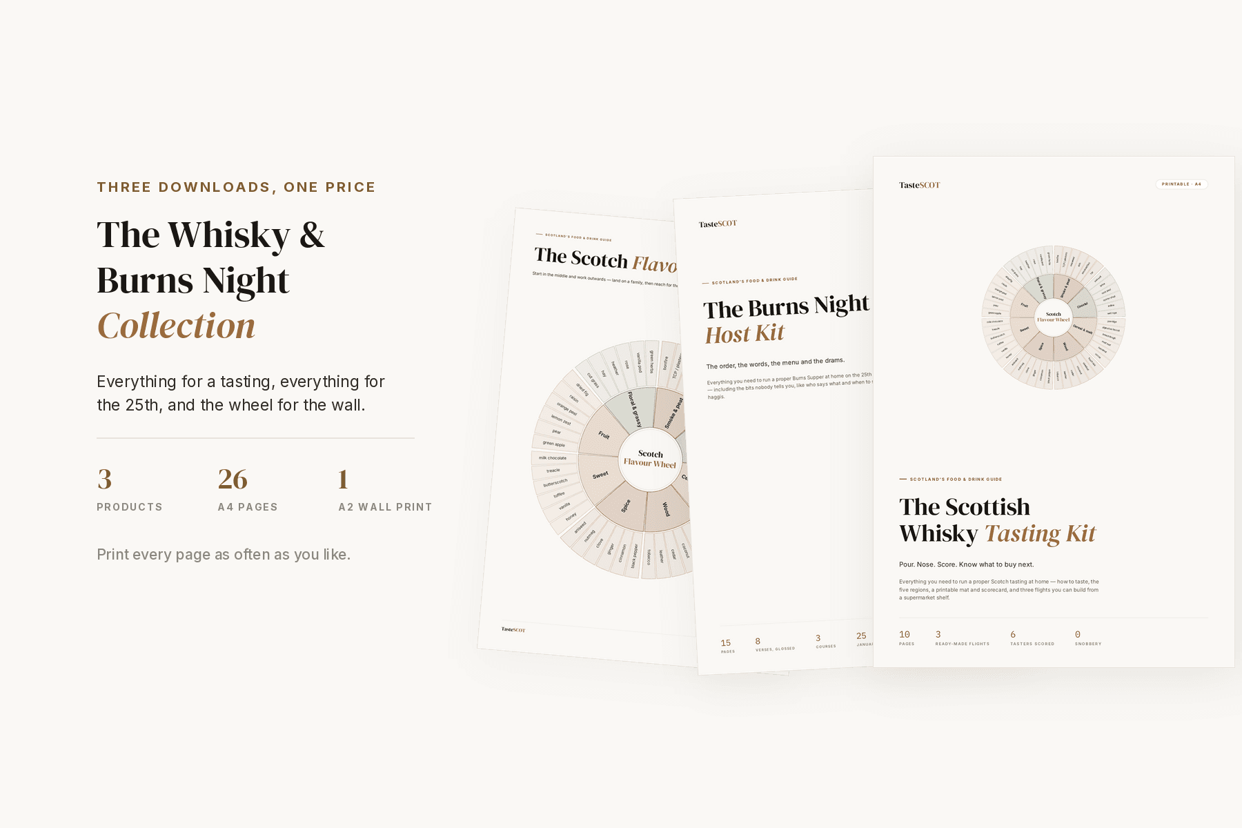 The Whisky & Burns Night Collection — the tasting kit, the Burns Night host kit and the flavour-wheel print together