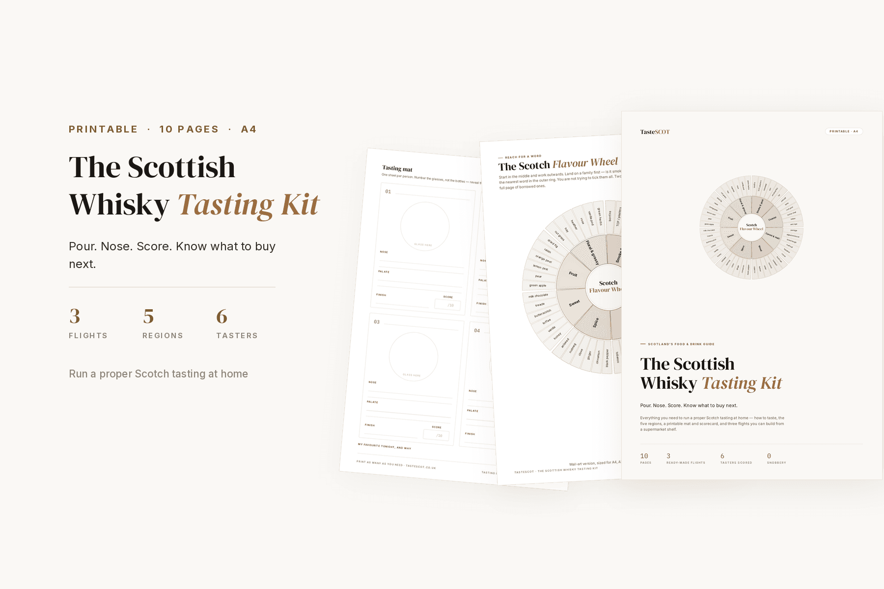 The Scottish Whisky Tasting Kit — three A4 pages fanned out showing the tasting mat, the Scotch Flavour Wheel and the cover