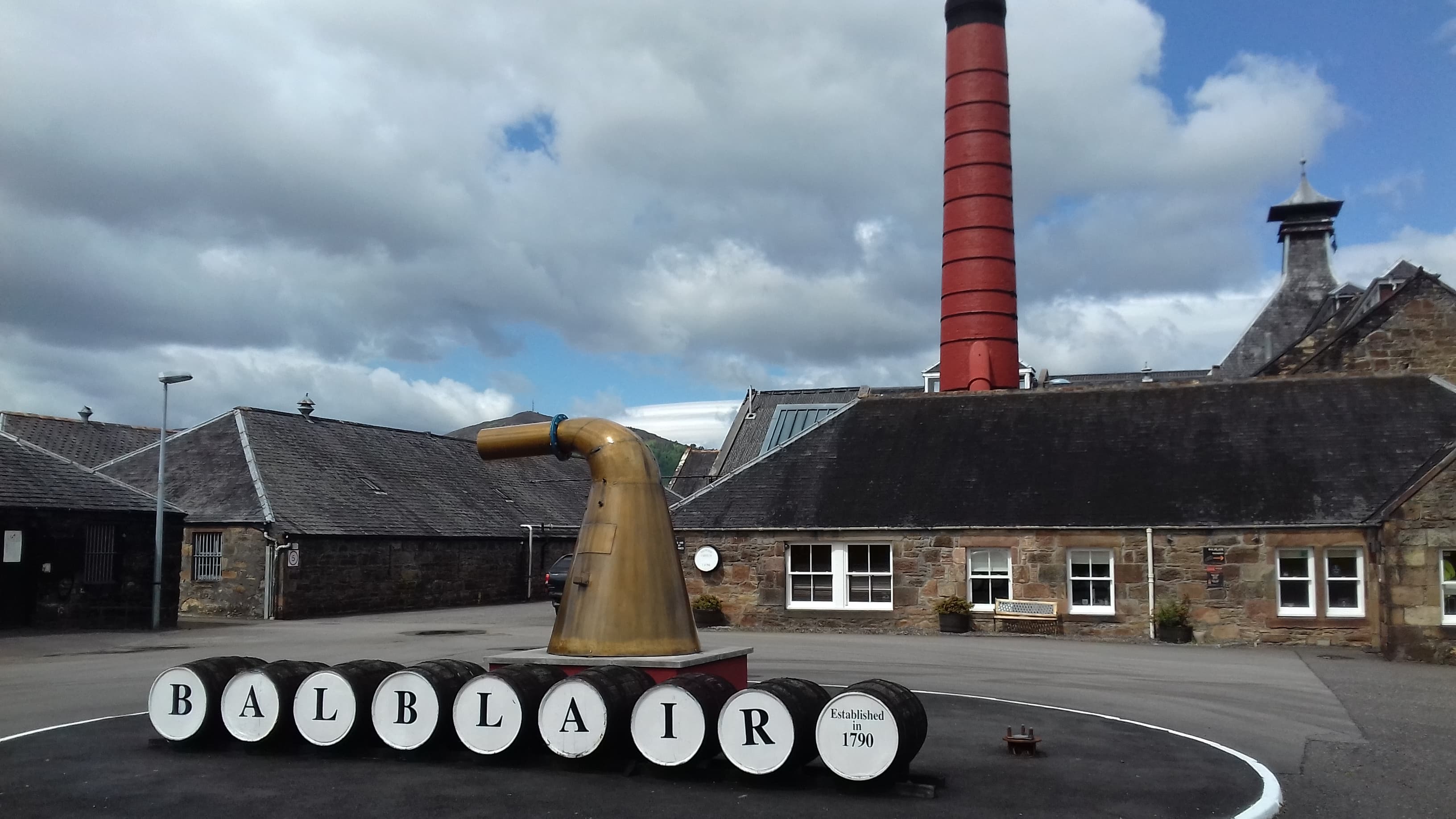 The Balblair distillery nameplate and brick chimney at Edderton