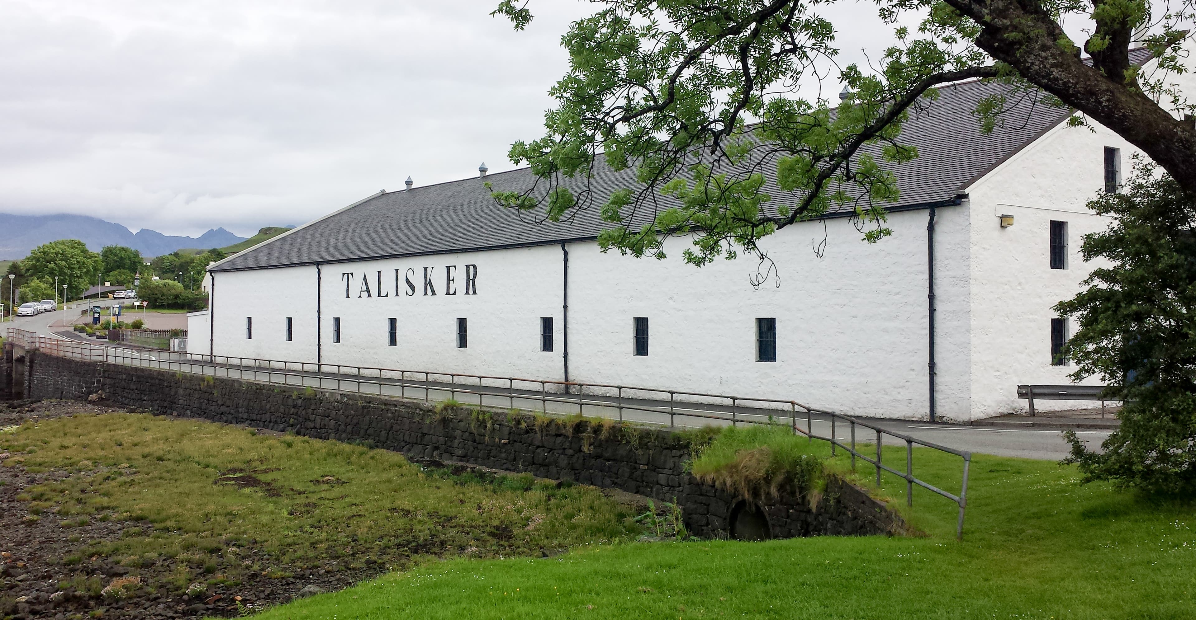 Talisker distillery's white warehouse wall at Carbost on Skye
