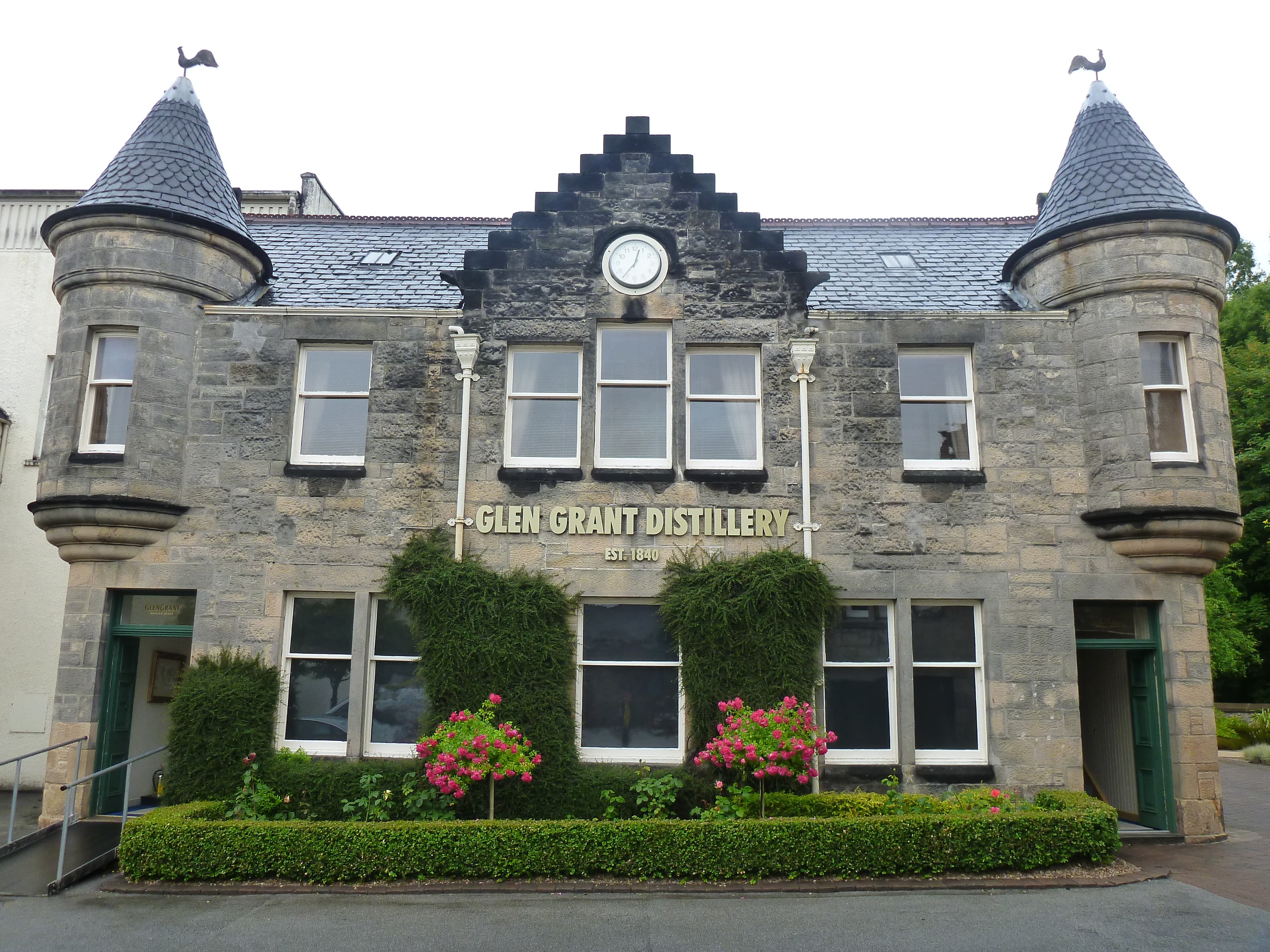 The turreted Glen Grant distillery office building at Rothes