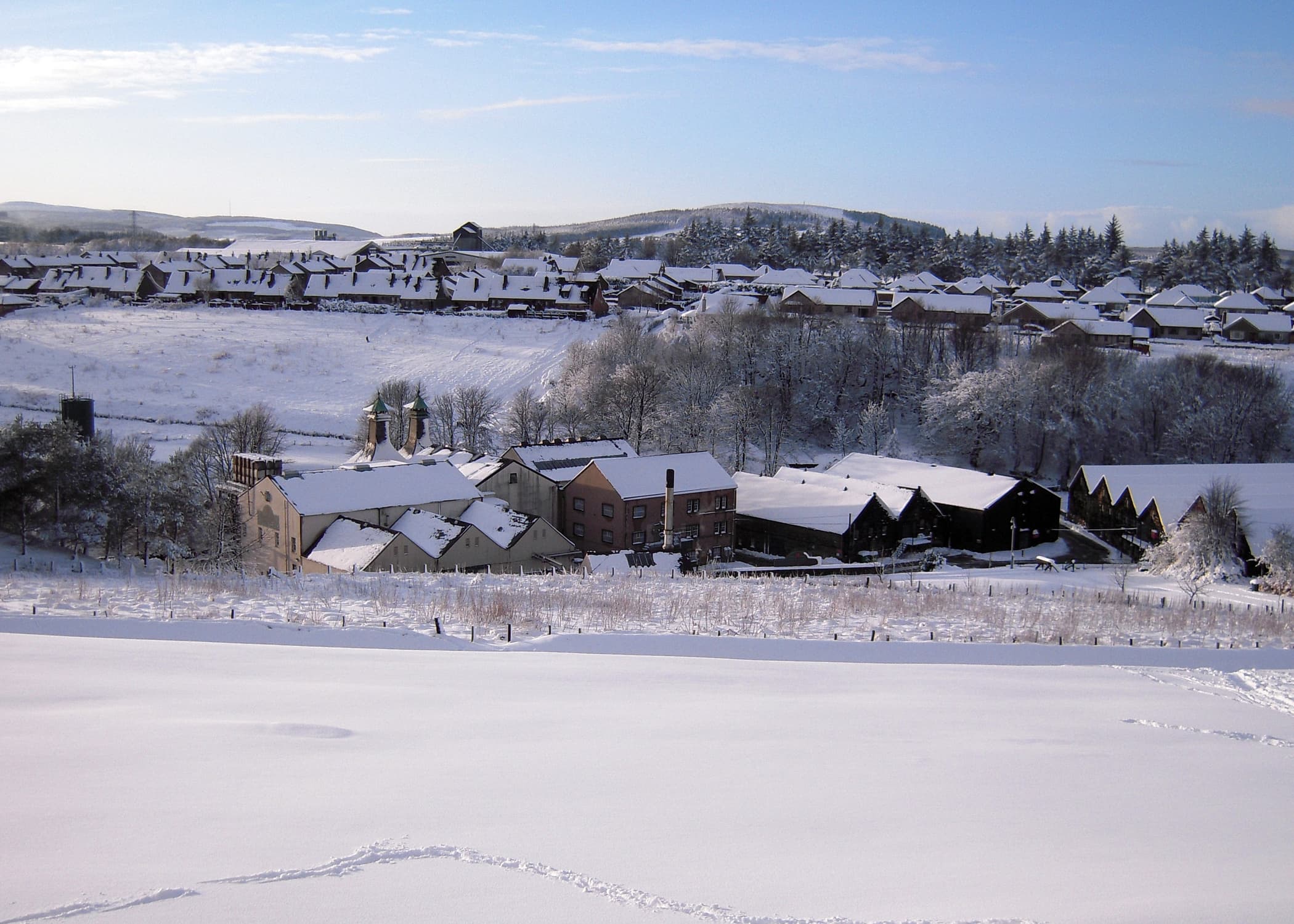 Strathmill distillery under snow at Keith in Moray