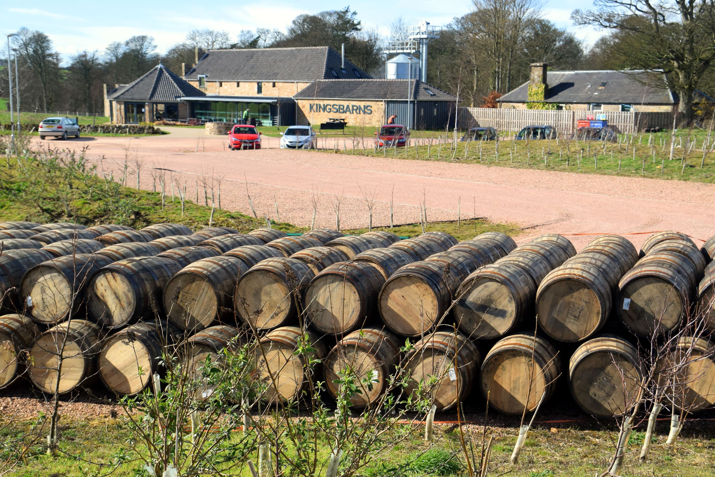 Casks stacked outside Kingsbarns Distillery in the East Neuk of Fife, home of Darnley’s Gin