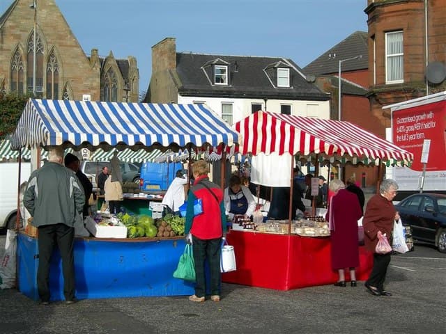 Blue and red striped stalls at the Ayrshire Farmers’ Market in Ayr town centre