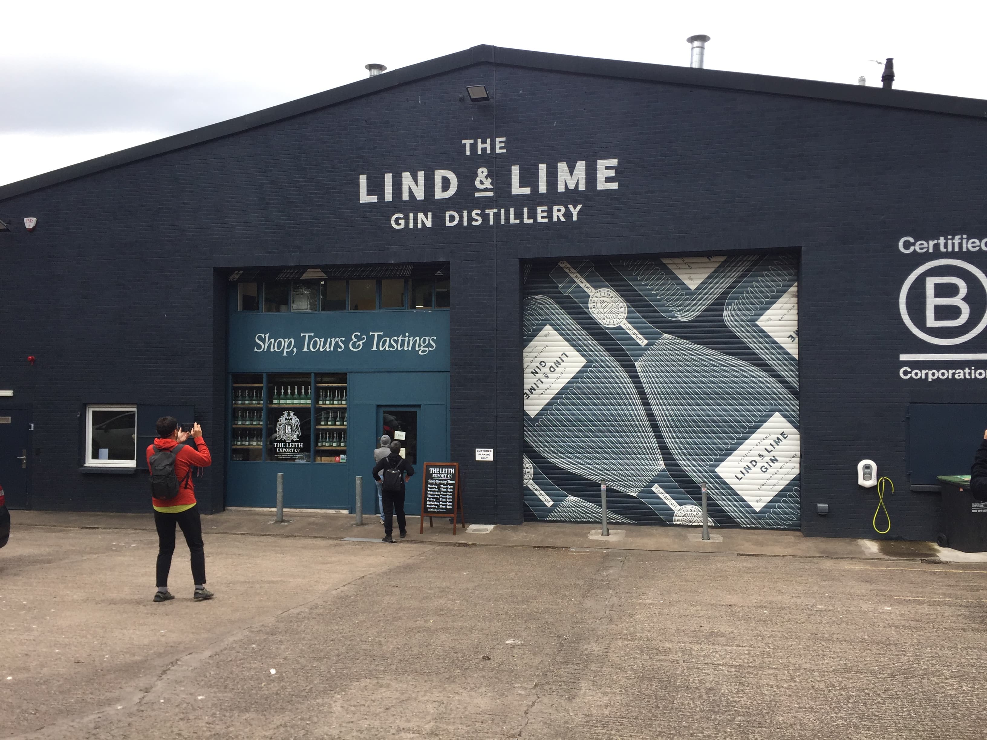 The Lind & Lime Gin Distillery entrance in Leith, with its shop, tours and tastings sign