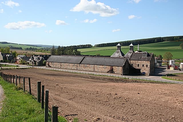 The Glentauchers distillery complex and its pagoda roofs near Keith