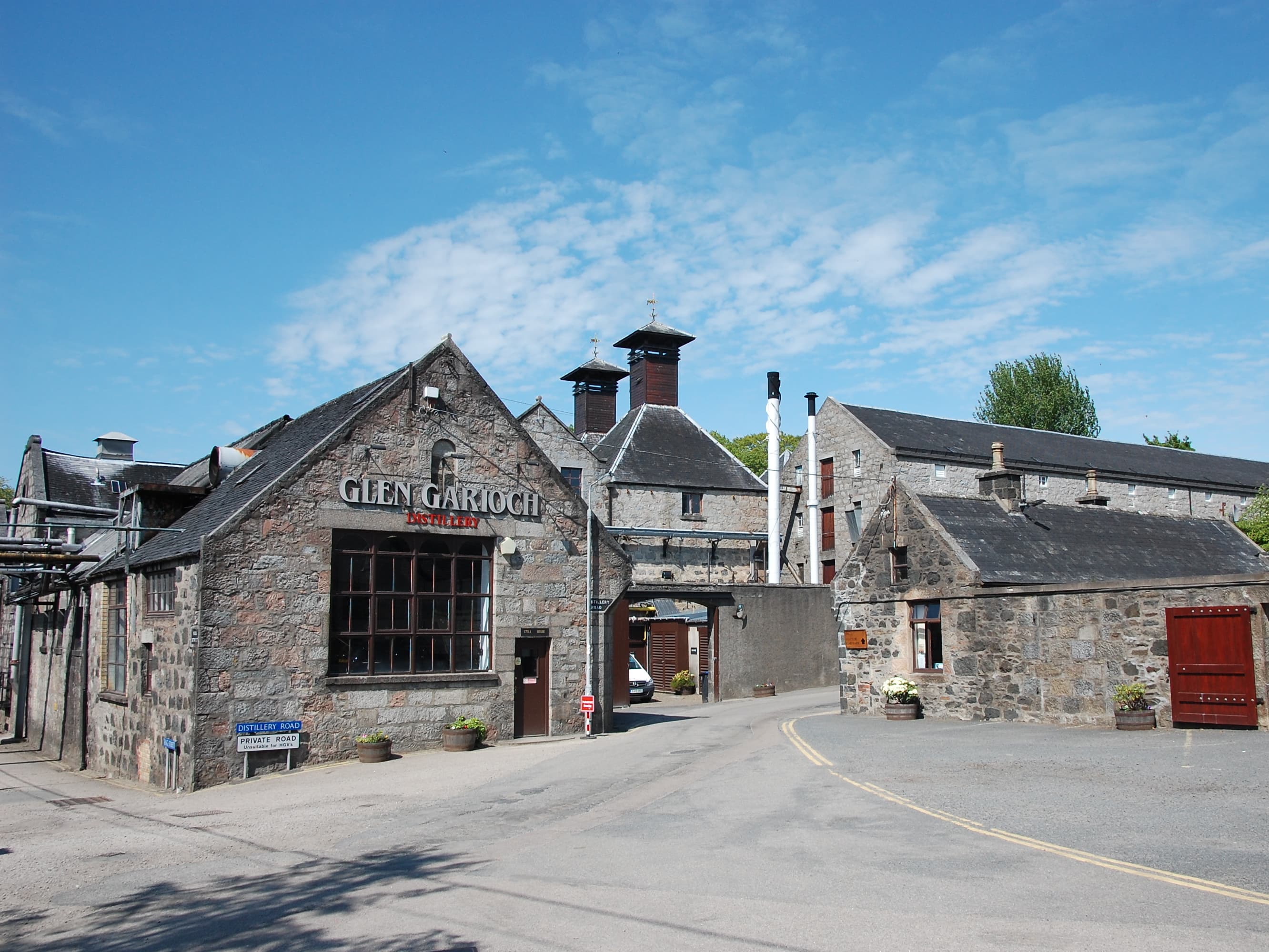 The Glen Garioch distillery buildings and nameboard at Oldmeldrum